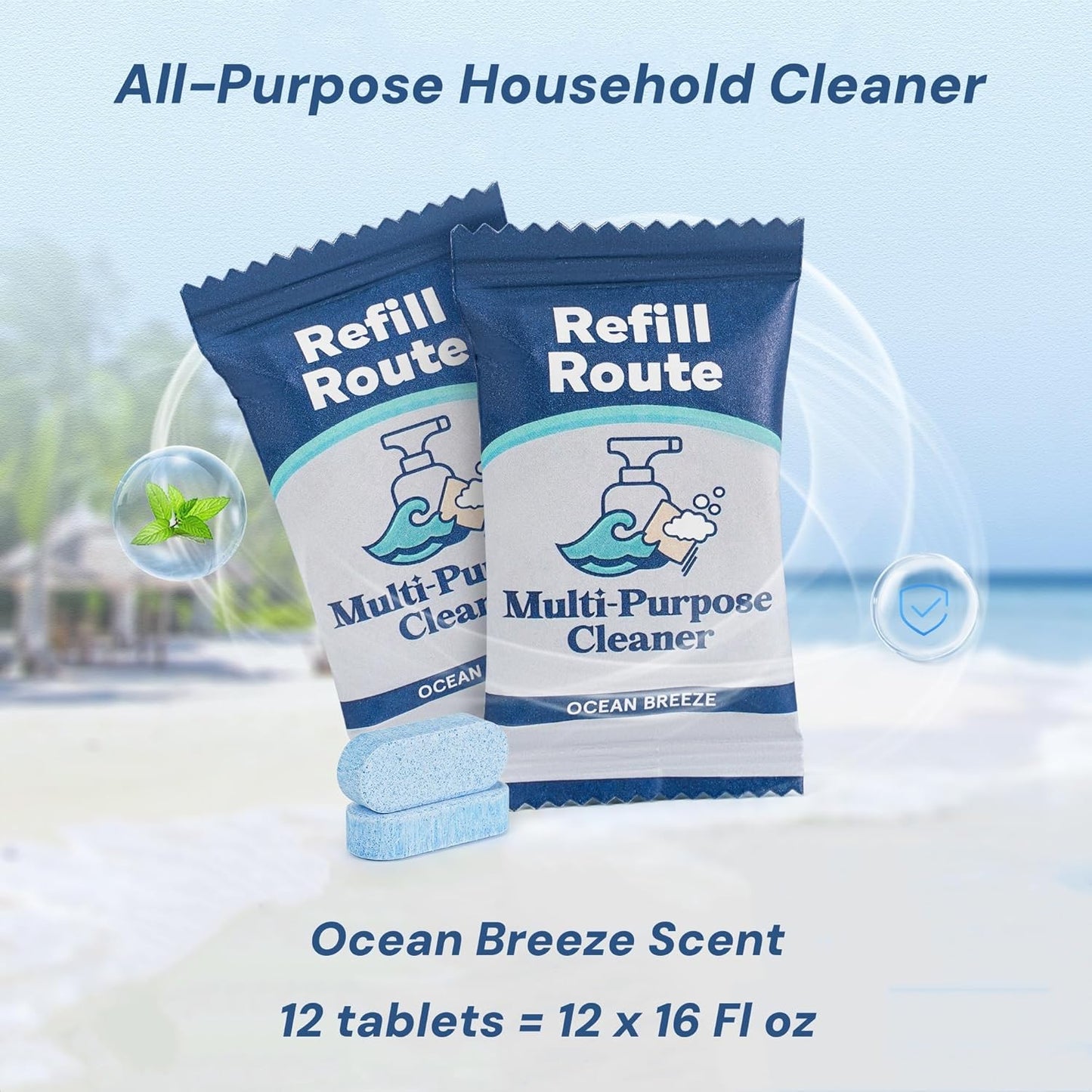 All Purpose Cleaning Tablet Kit with Reusable Glass Spray Bottle - Multipurpose Cleaner Spray Refills - 192 fl oz Total (12x 16 fl oz bottles of spray cleaner) - Plant-Based Cleaner - Ocean Breeze