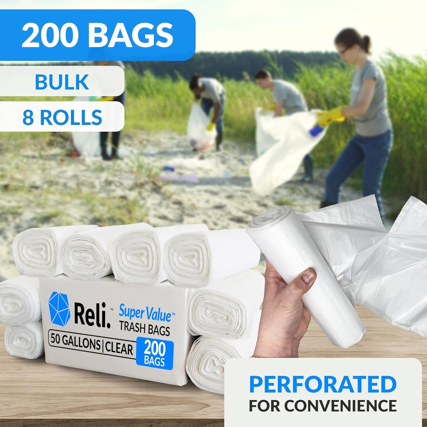 Reli. Premium 50 Gallon Trash Bags | 200 Count | Made in USA | Heavy Duty | Bulk | SuperValue | Clear Multi-Use Garbage Bags