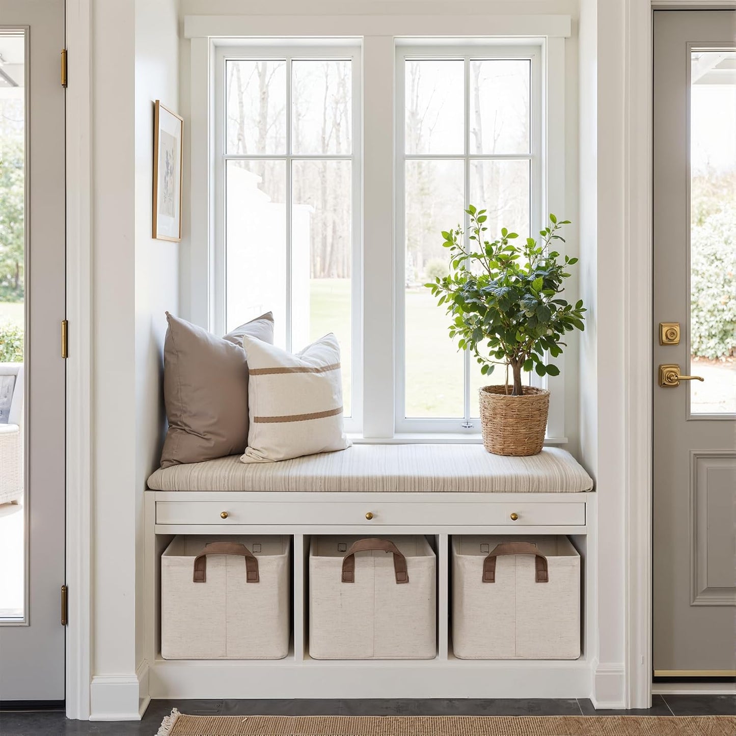 StorageWorks Storage Bins, Shelves Baskets for Organizing, Fabric Closet Organizers with Handles, Metal Frame, Beige（Cotton-linen）, 2-Pack