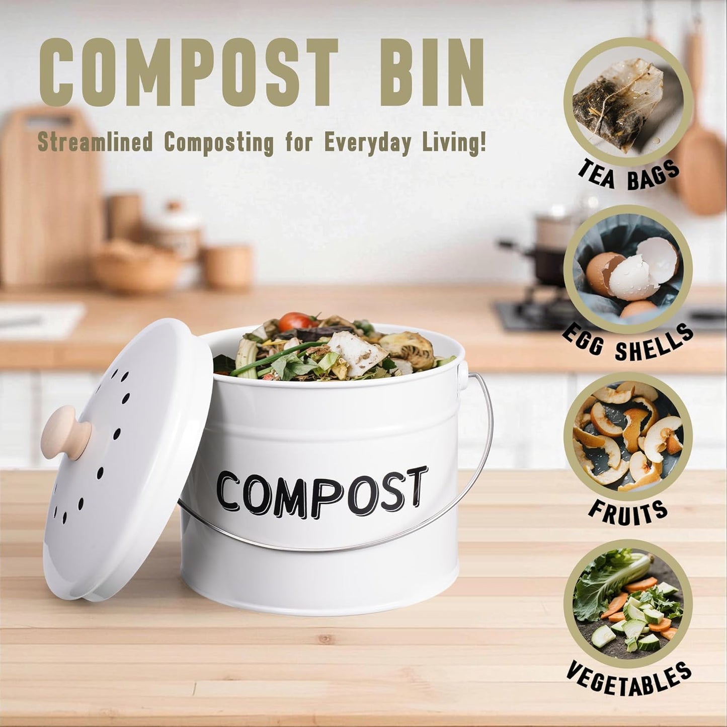 Compost Bin for Kitchen Counter, 1 Gallon Compost Bucket with Lid and Charcoal Filter, Countertop Composter, Rust Proof Indoor Food Waste Bin, White
