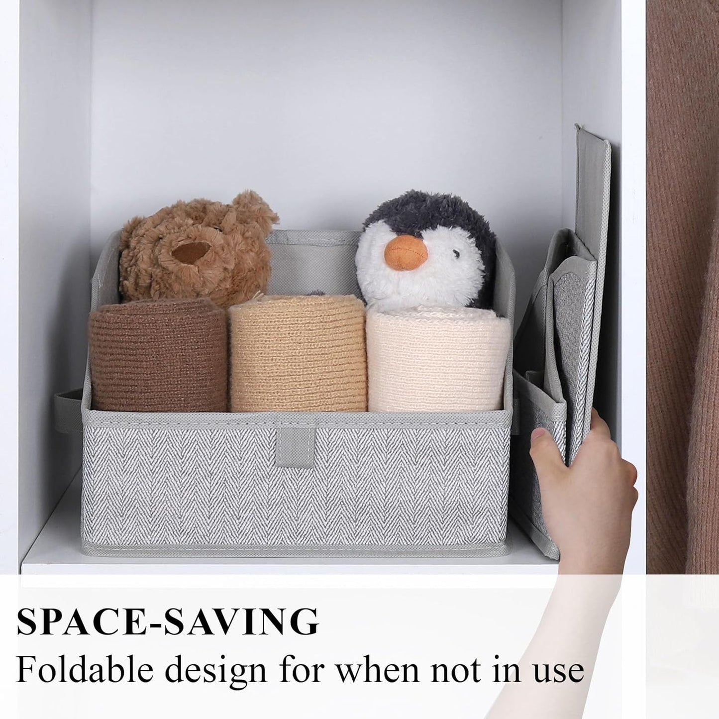 WUIKE 3 Pack Large Closet Storage Bins, Fabric Trapezoid Storage Baskets for Organizing Clothes, Sheets, Blankets, Decorative Storage Bins, Herringbone Gray, Large