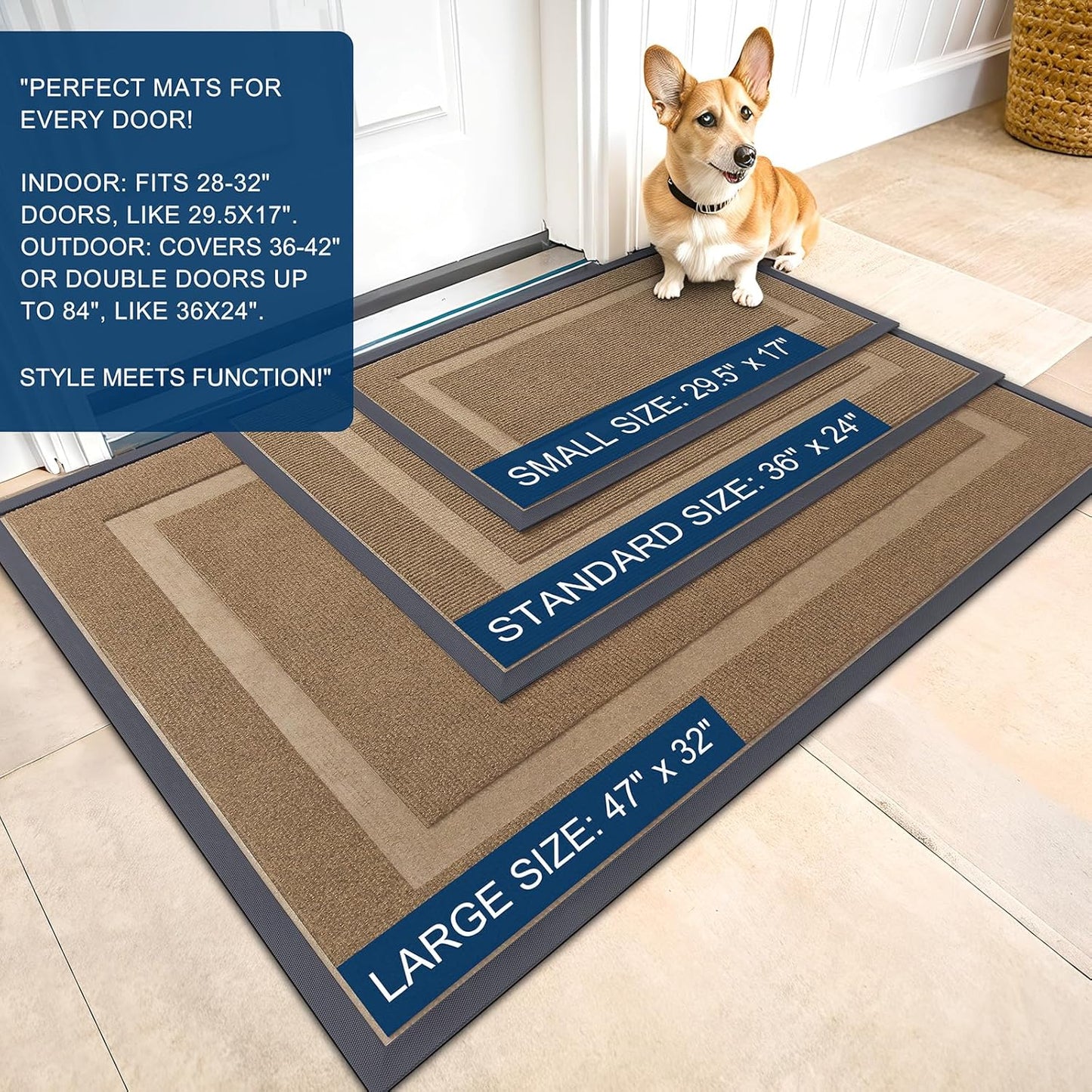 OLANLY Front Door Mat Indoor Outdoor Entrance, Waterproof All-Season, All-Weather Doormat, Sturdy Natural Rubber, Fade Resistant, Low Profile, Easy Clean Patio Porch Entryway Mat, 59x23, Light Borwn