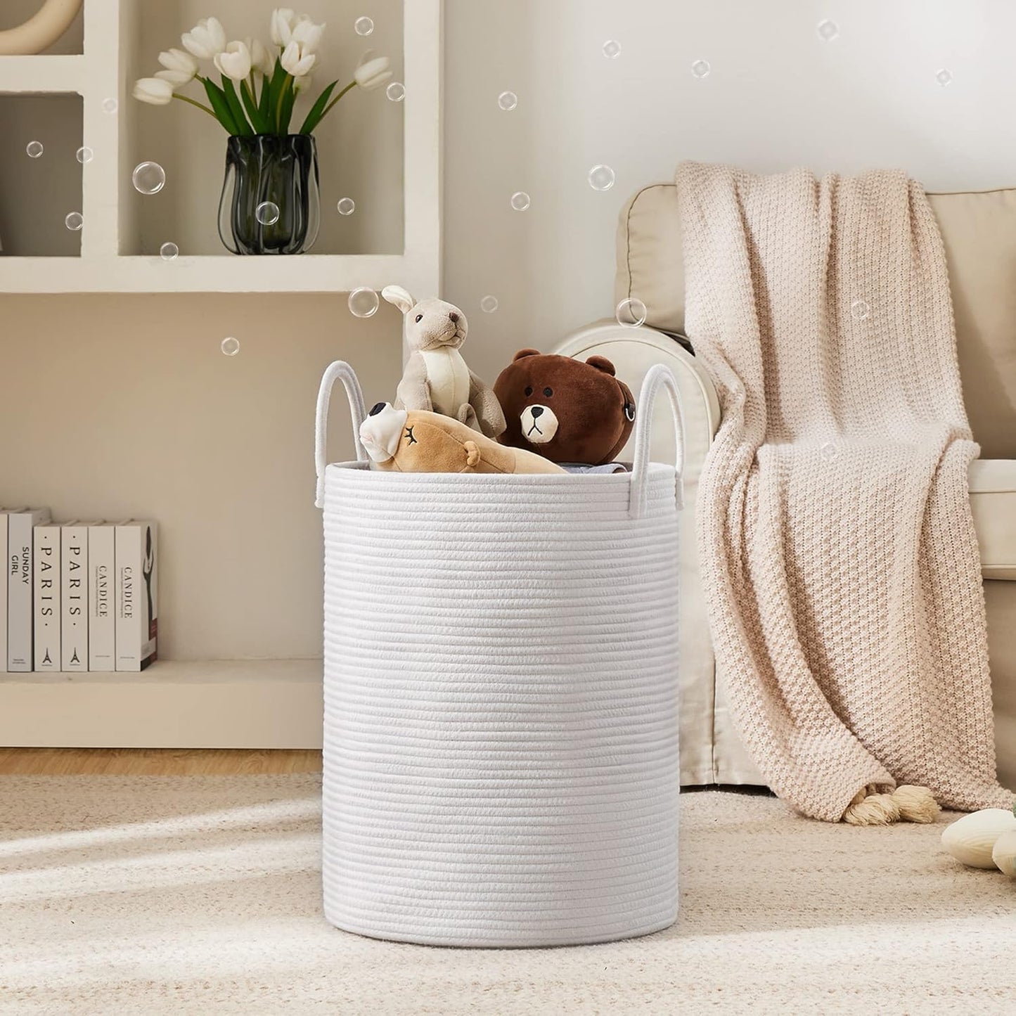 Woven Rope Laundry Hamper Basket by YOUDENOVA, 58L Tall Laundry Basket, Baby Nursery Hamper for Blanket Storage, Clothes Hamper for Laundry in Bedroom-Large-Pure White