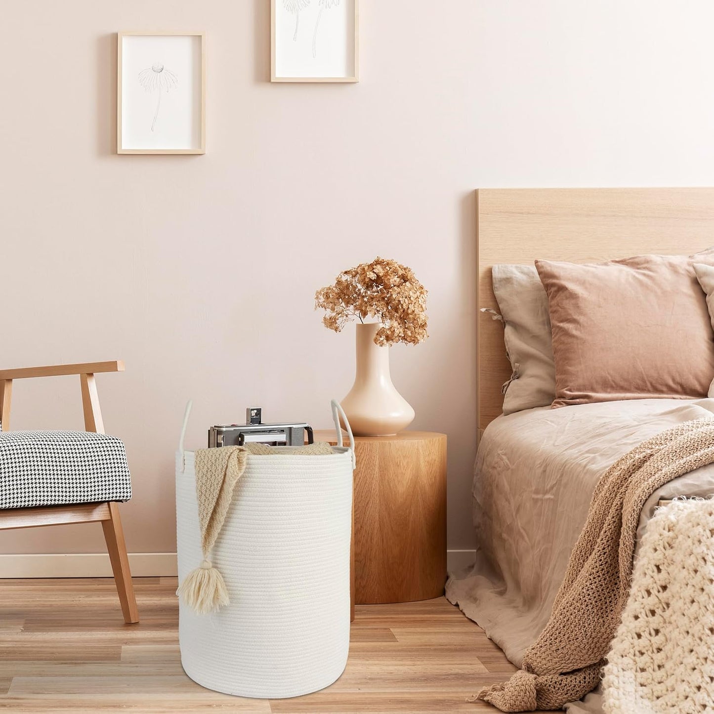 Cotton Rope Laundry Basket Hamper for Clothes Woven Storage Basket for Living Room Bedroom Boho Tall Rope Baskets for Blanket Toys Pillow Towels Baby Nursery Hamper Bin Large white