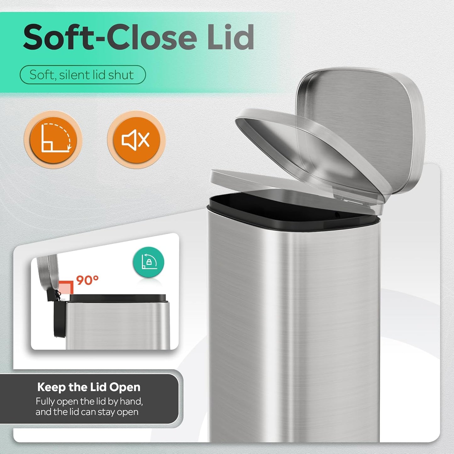 WLIVE 13 Gallon Stainless Steel Trash Can with Inner Bucket, Kitchen Garbage Can with Lid, 50L Soft Close Step Trash Can with Metal Foot for Home, Kitchen, Laundry Room, Office, Silver