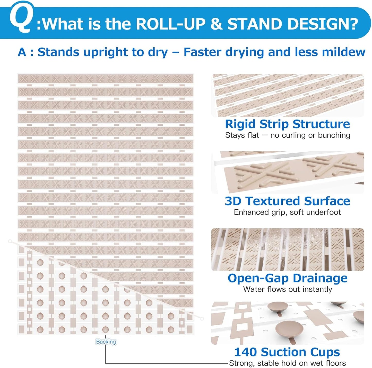 Matace Non Slip Rubber Bathtub & Shower Mat with Suction Cups, Thick Textured Surface, Fast Drain and Upright Drying Design, No Pooling Water for Better Hygiene, 27 x 16 Inch, Beige