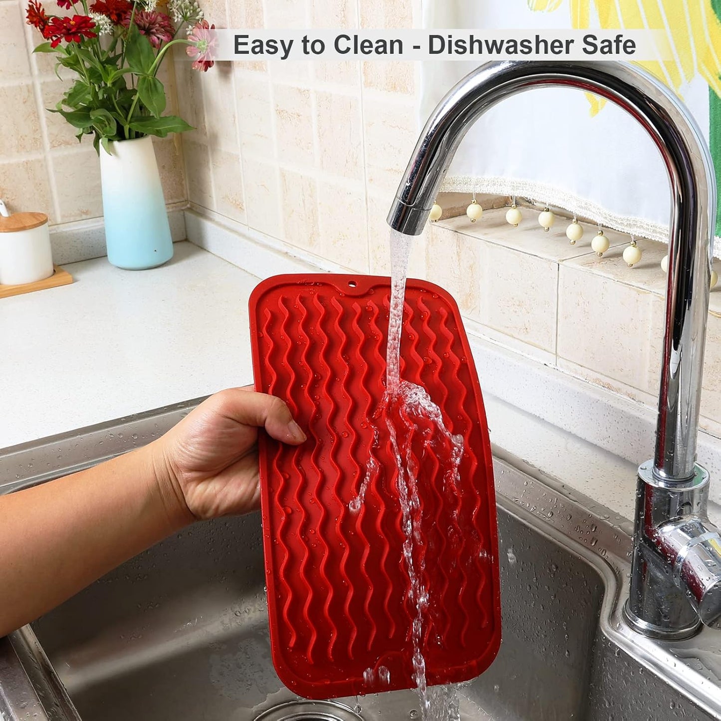 ZLR Silicone Dish Drying Mat for Kitchen Counter, Eco-Friendly Fast Dry Dish Mat, Easy Clean Multi Usage Drying Matt, Heat Resistant Trivet, 6" x 12" Extra Small, Lave Red