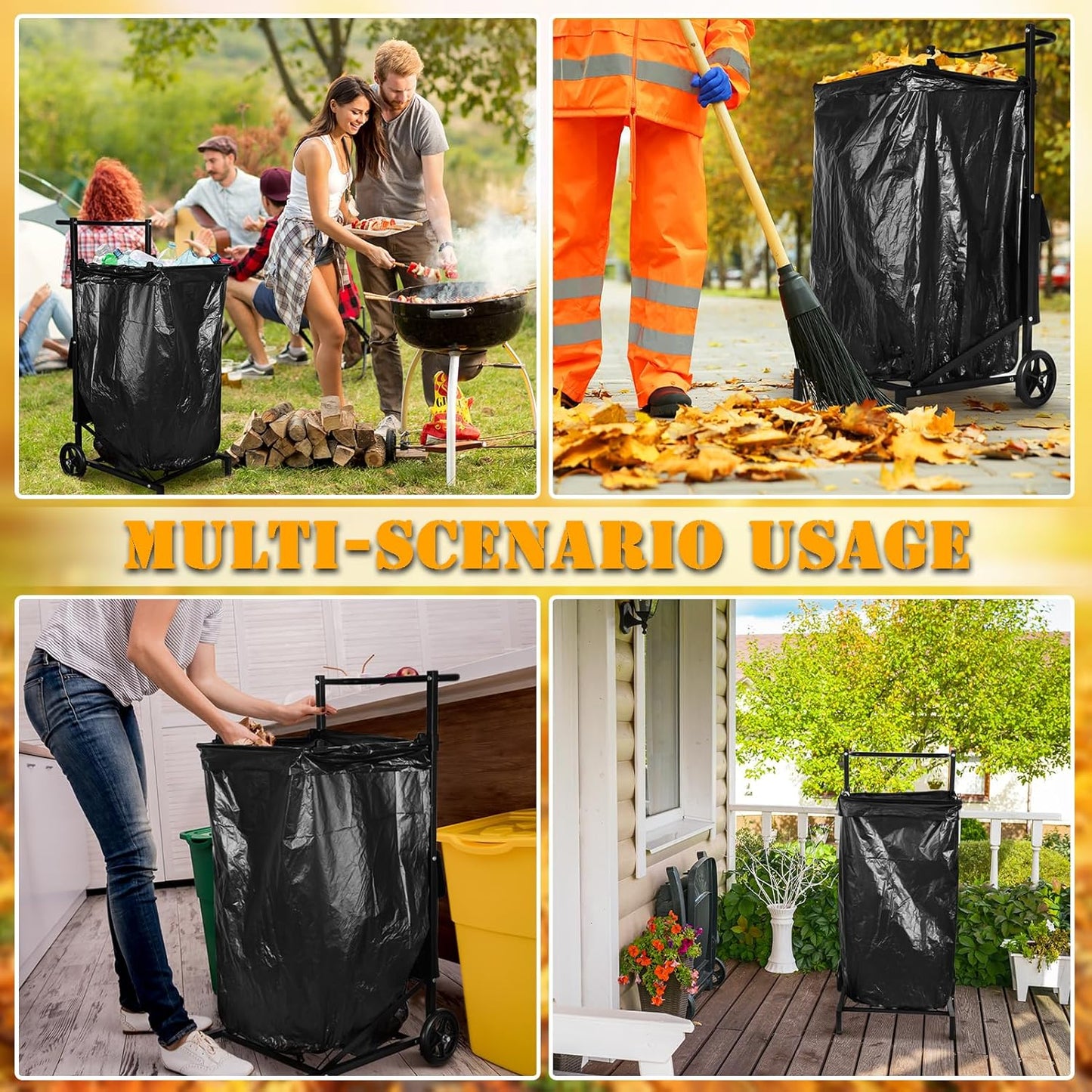 Leaf Bag Holder, Trash Bag Holder Stand, Lawn Bag Holder, Adjustable Outdoor Metal Portable Trash Bag Holder Stand Cart for 30-45 Gallon Garbage Bags for Leaves, Camping, Yard Weeding, Lawn Party