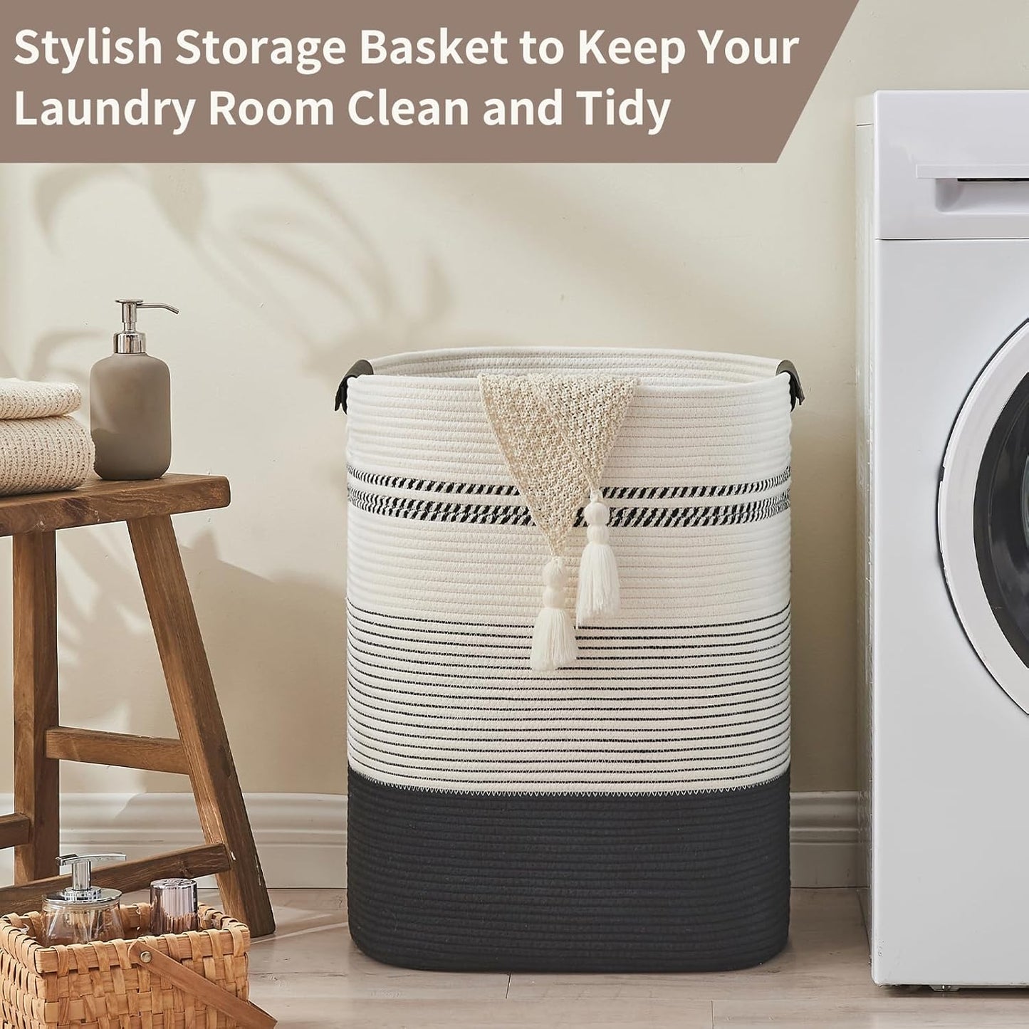 Laundry Basket with Handles - Blanket Basket & Hampers for Bedroom Aesthetic, Laundry Hamper & Blanket Storage for Living Room, Clothes Hamper, Tall, Large 17" x 14" x 22”, Black & White