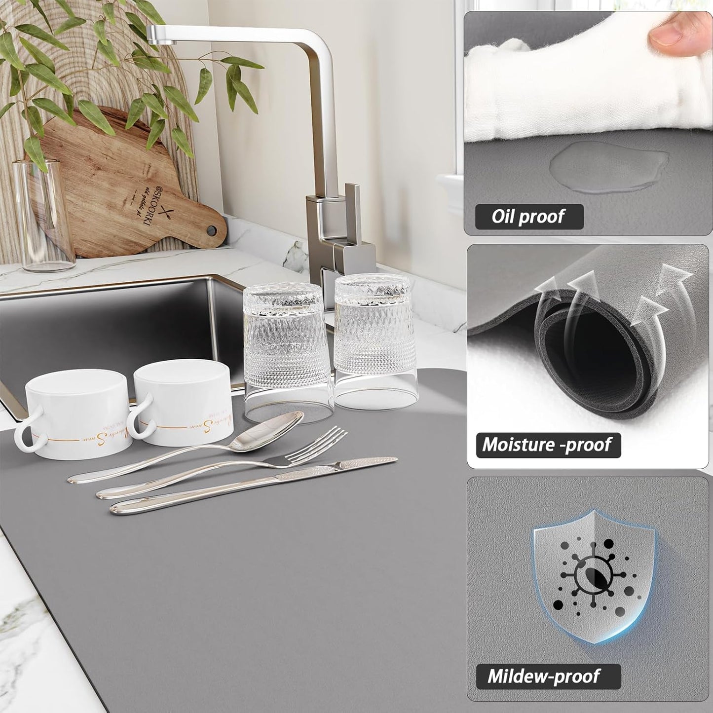 Dish Drying Mat for Kitchen Counter, Heat Resistant Drainer Mats with Non-slip Rubber Backed, Hide Stain Kitchen Super Absorbent Draining Mat, Easy to Clean Dish Rack Pad, Grey 16"x20"