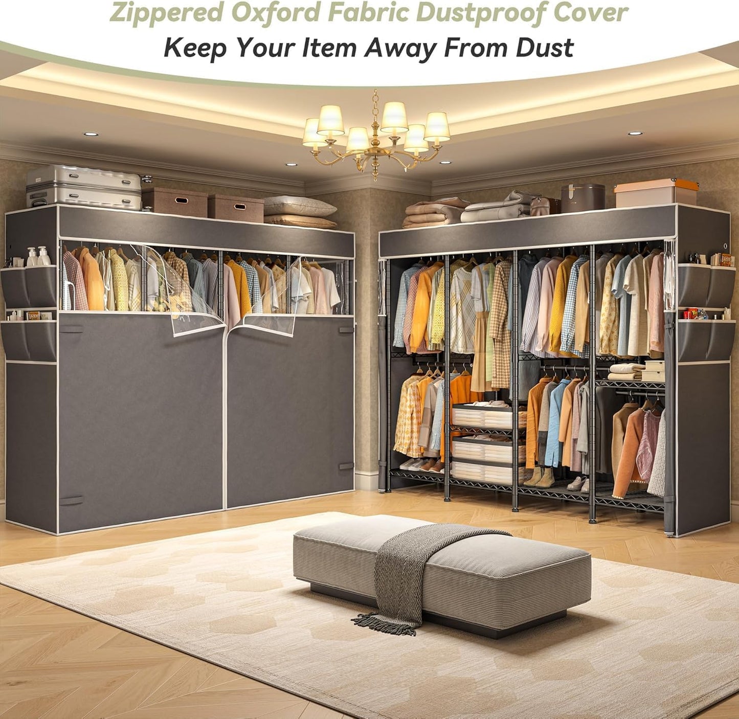 Raybee Clothes Rack with Cover,1150LBS Heavy Duty Clothing Rack for Hanging Clothes,Adjustable Portable,18" D x 76" W x 77" H,Black