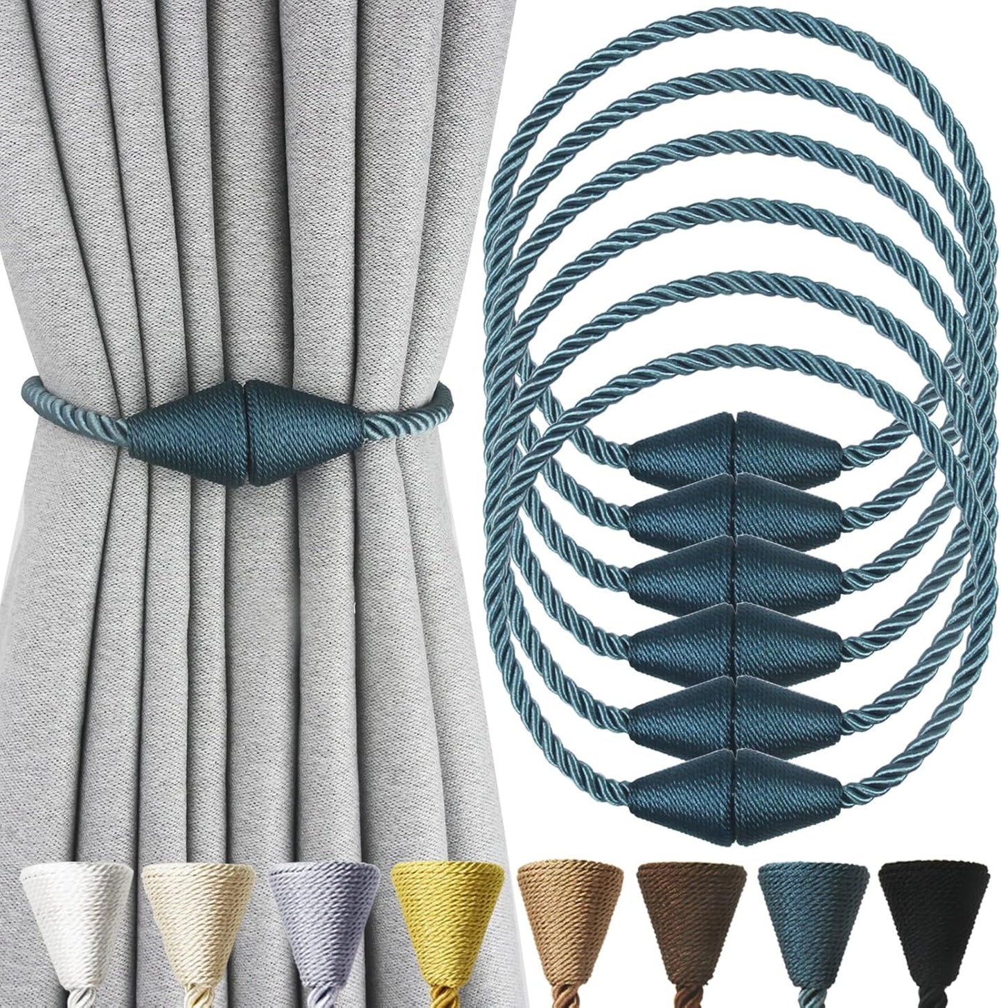 6 Pack Magnetic Curtain Tiebacks Rope Modern Handmade Curtain Tie Backs Decorative Drapes Weave Holdbacks for Window Décor, Blue