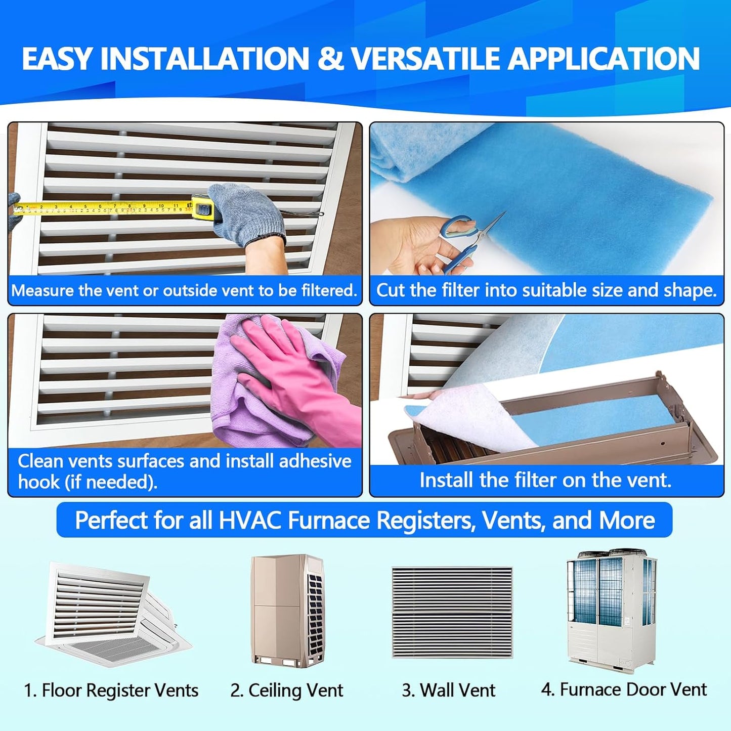 18" x120" Air Vent Filters, Cut to Fit Air Filter (70+ Filters), MERV 8 Triple Vent Filter for Home Floor, Ceiling, RV, HVAC Furnace Vents, With Adhesive Hook Tape and Installation Tape