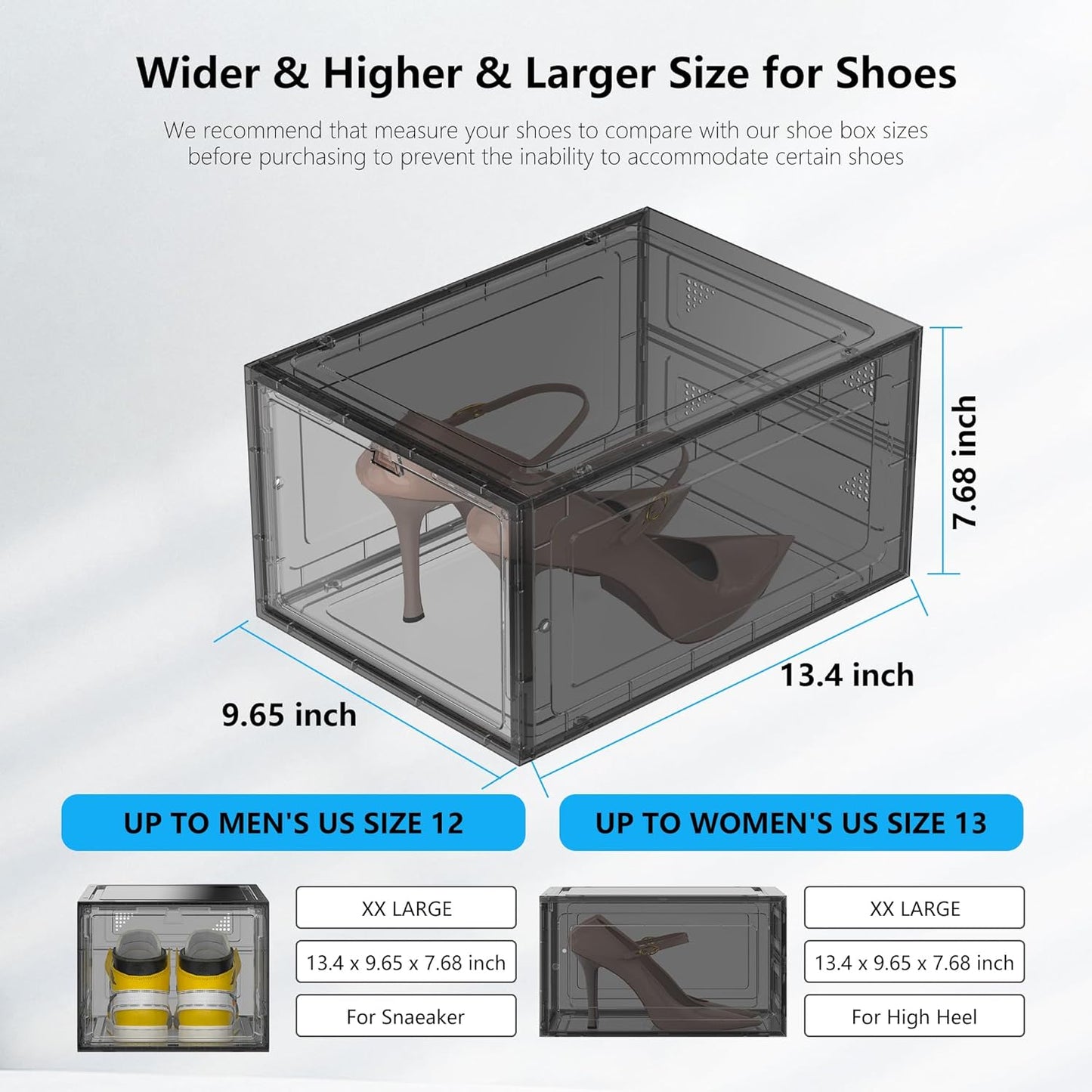 12 Pack Hard Sturdy Thickened Rigid XX Large Shoe Storage Organizer for Closet, Clear Stackable Sneaker Shoe Boxes Rack Containers Display Case Bins with Lids, Grey
