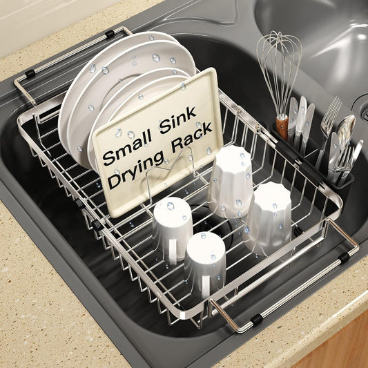 Small Expandable Over The Sink Dish Drainer Drying Rack in Stainless Steel Metal for Kitchen, Counter Space Saving Compact Above Plate Dryer Strainer, Adjustable Hanging Inside Sink Wire Drain Holder