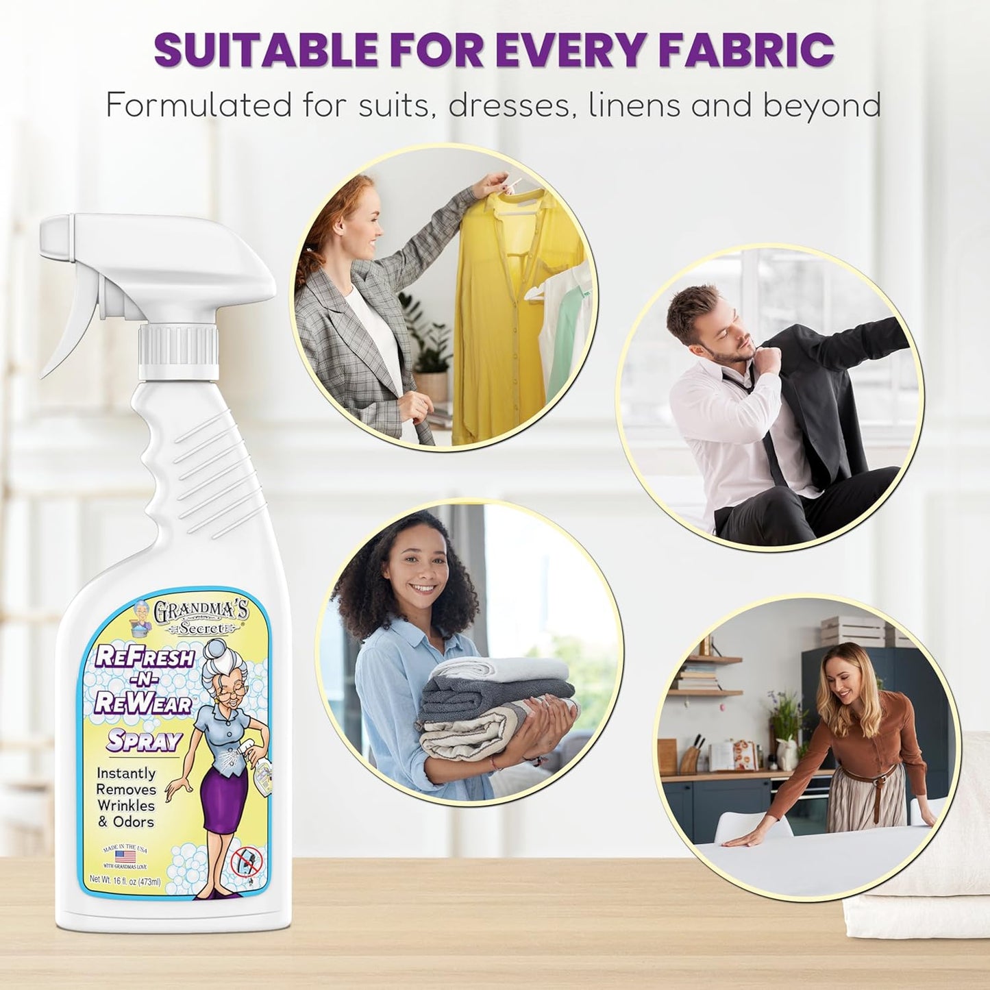 Grandma's Secret Refresh N ReWear Spray - Instantly Removes Wrinkles & Odors - Wrinkle Release, Fabric Refresher Spray, Chlorine, Bleach and Toxin-Free - 16 Ounce, 3 Pack