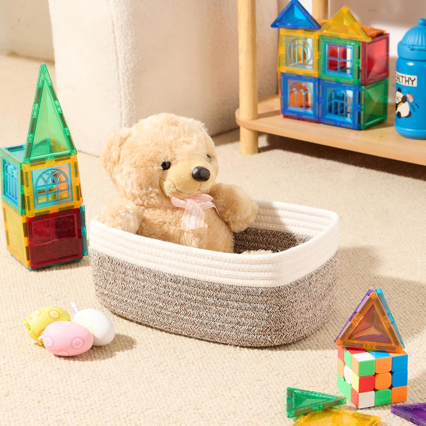 Small Storage Baskets for Organizing | Closet Organizer Bins | Shelf Toy Basket | Woven Rope Baskets | Cube Decorative Box | Shallow Basket | 11.5x7.5x4.7” | 3 Packs White Brown