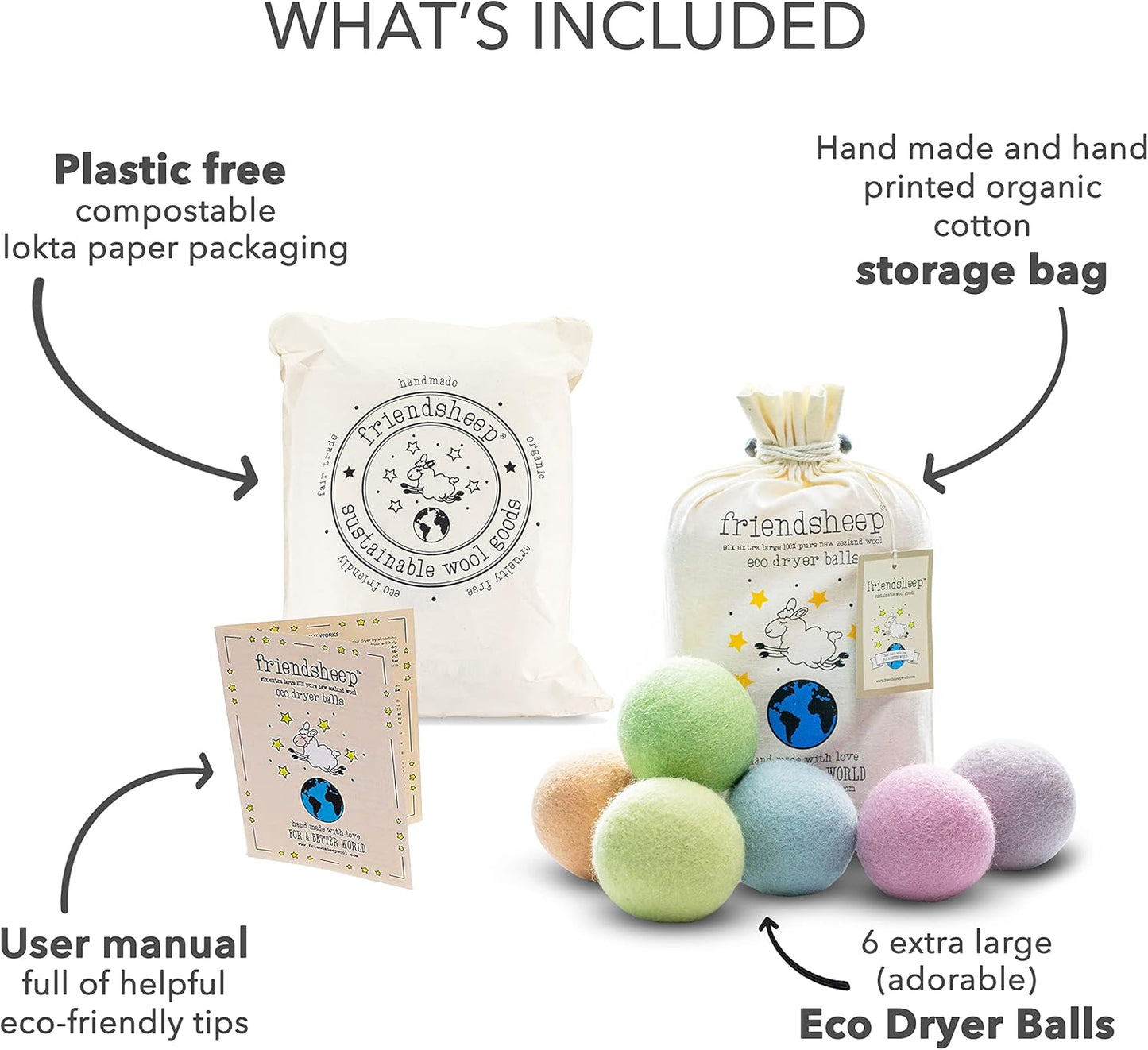 Friendsheep Wool Dryer Balls Organic Lavender 6 Pack XL Premium Reusable Cruelty Free Handmade Fair Trade No Lint Fabric Softener Pastel Rainbow Color - Spring Magic