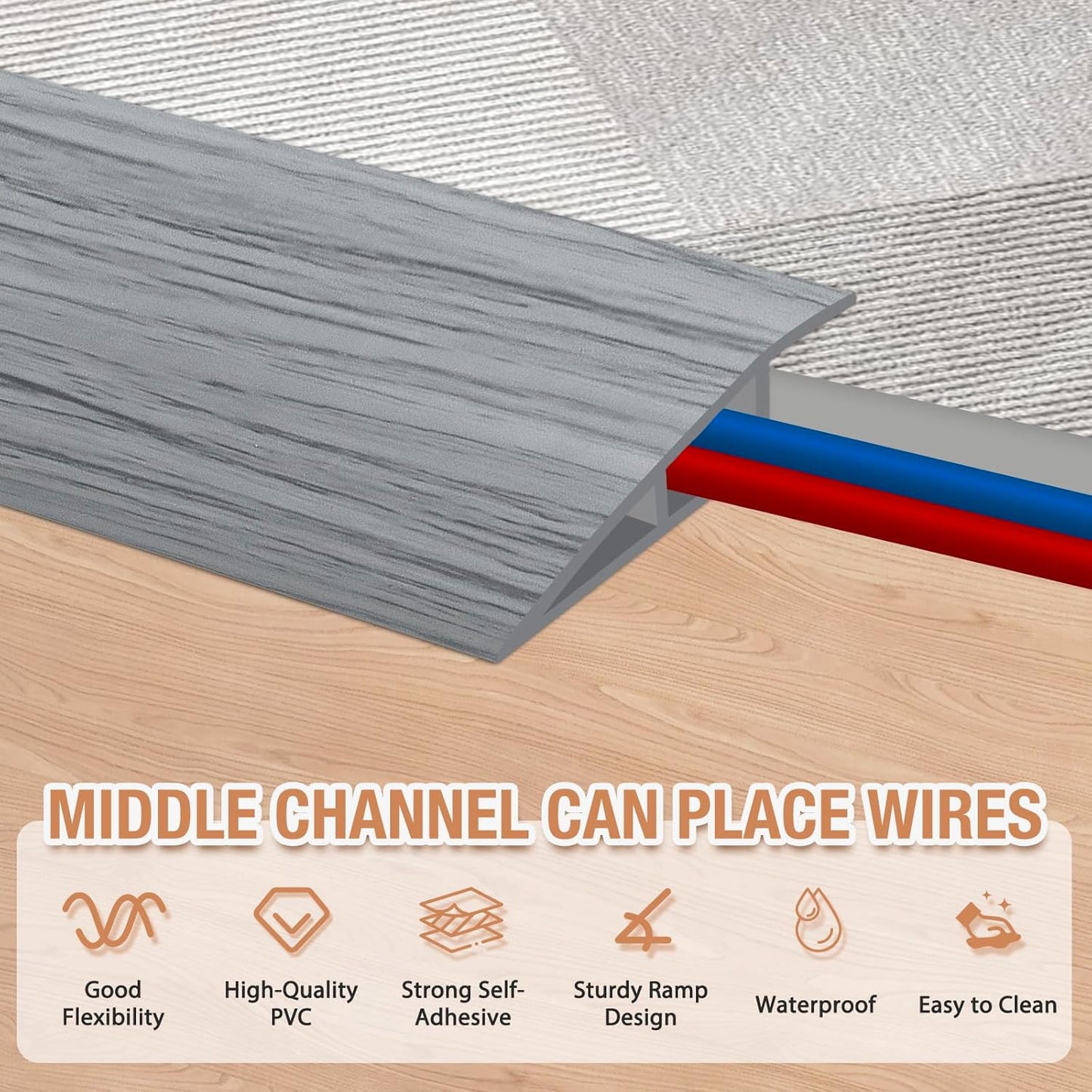 Floor Transition Strip Self Adhesive Vinyl Door Threshold for Doorways Carpet Edging Trim Overlap Edge Reducer for Laminate Floor, Carpet, Tile (Light Gray Wood Grain, 3/5" to 4/5", 3.3Ft)