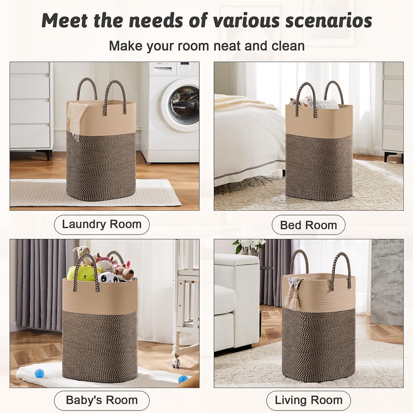 Laundry Basket,Woven Cotton Rope Laundry Hamper,Versatile Storage for Dirty Clothes,Baby Toys,and Blankets in Bathroom, Nursery,and Living Room (Jute, 80L)