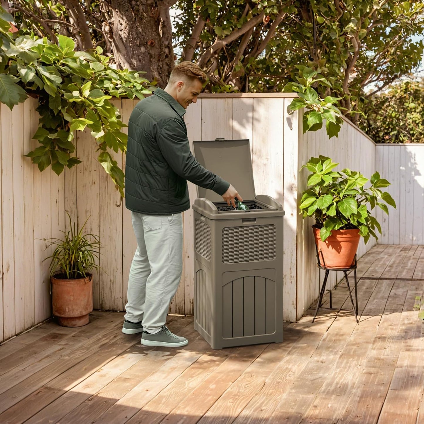 YESHOMY 2 Pack Outdoor Trash Can with Lid, Garbage Bins for Garden, Porch, Home and Kitchen, Coffee