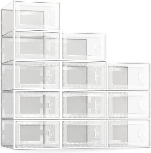 SEE SPRING 12 Pack Shoe Storage Box, Clear Plastic Stackable Shoe Organizer for Closet, Space Saving Foldable Shoe Rack Sneaker Container Bin Holder