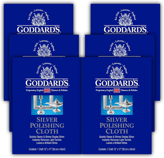 Goddard's Silver Polishing Cloth for Jewelry, Remove Tarnish on Plated or Sterling Silver, Gold, Antiques, and Leaves Tarnish Protection, 6 Cloths