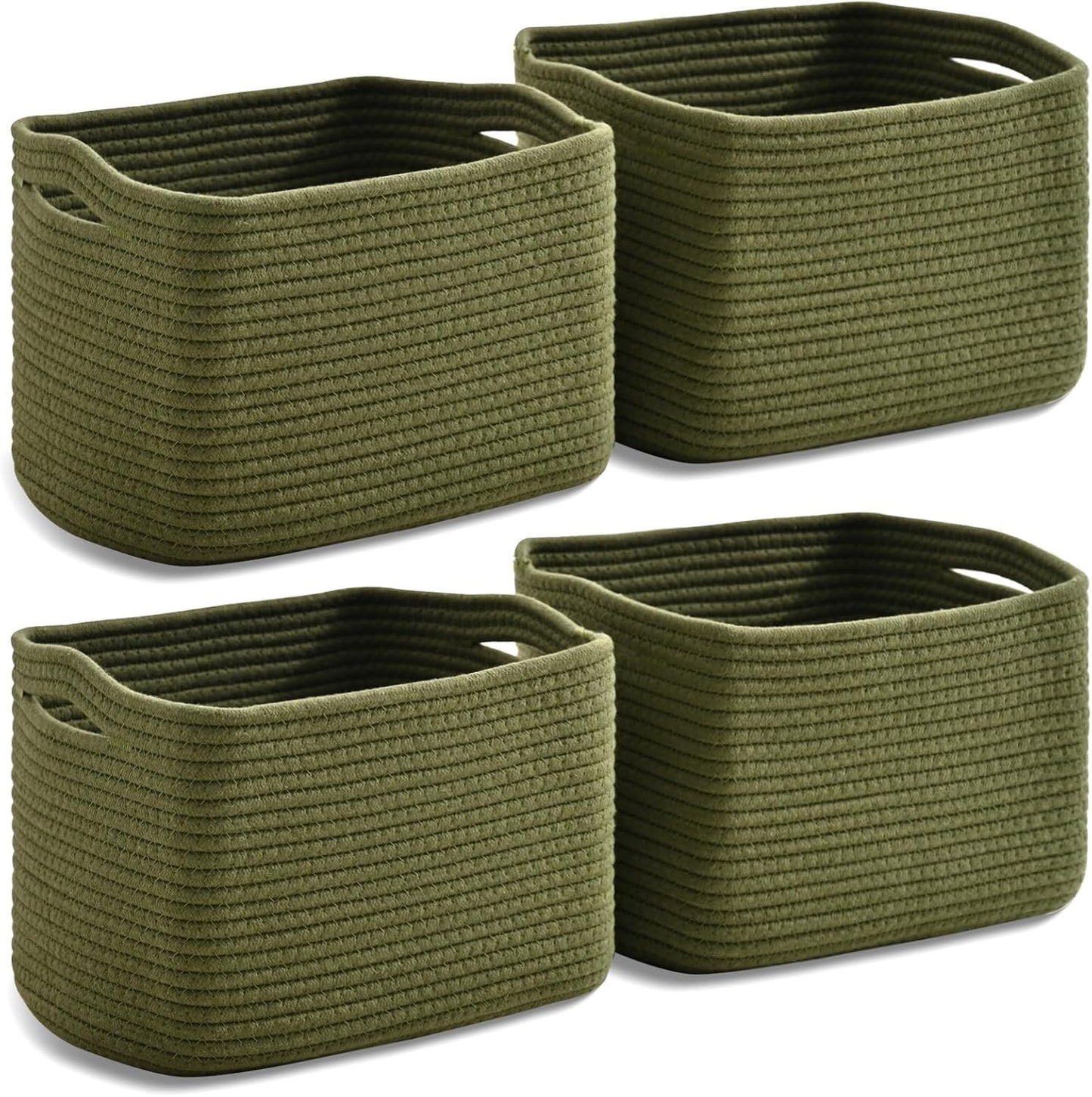 Small Storage Baskets for Organizing, Woven Storage Baskets for Shelves, Cotton Rope Basket for Storage, Cute Rectangular Book Toy Green Basket, 12.7"×9.1"×7.9", 4 Packs, Green