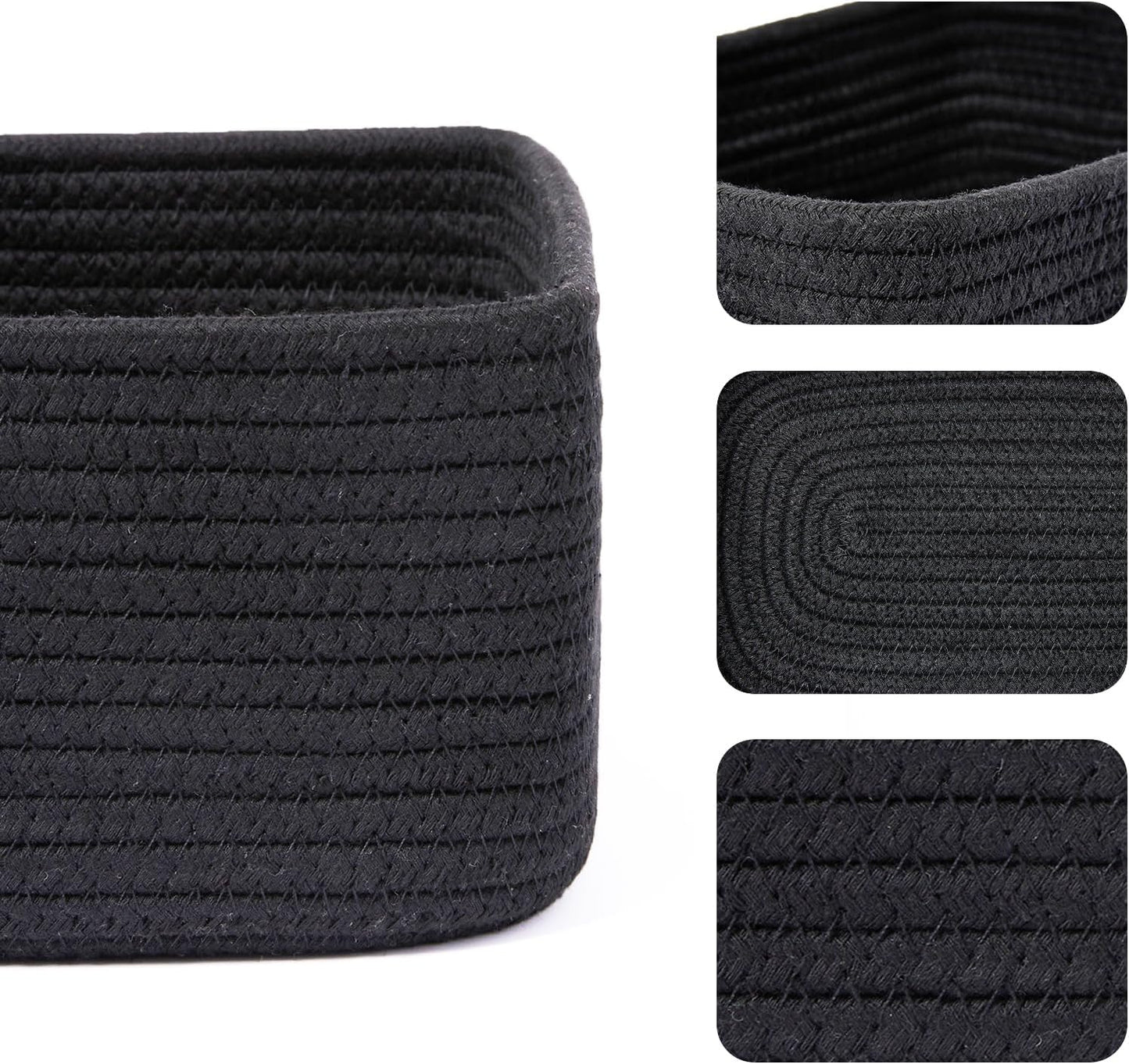 Small Storage Baskets for Organizing | Closet Organizer Bins | Shelf Toy Basket | Woven Rope Baskets | Cube Decorative Box | Shallow Basket | 11.5x7.5x4.7” | 3 Packs Black