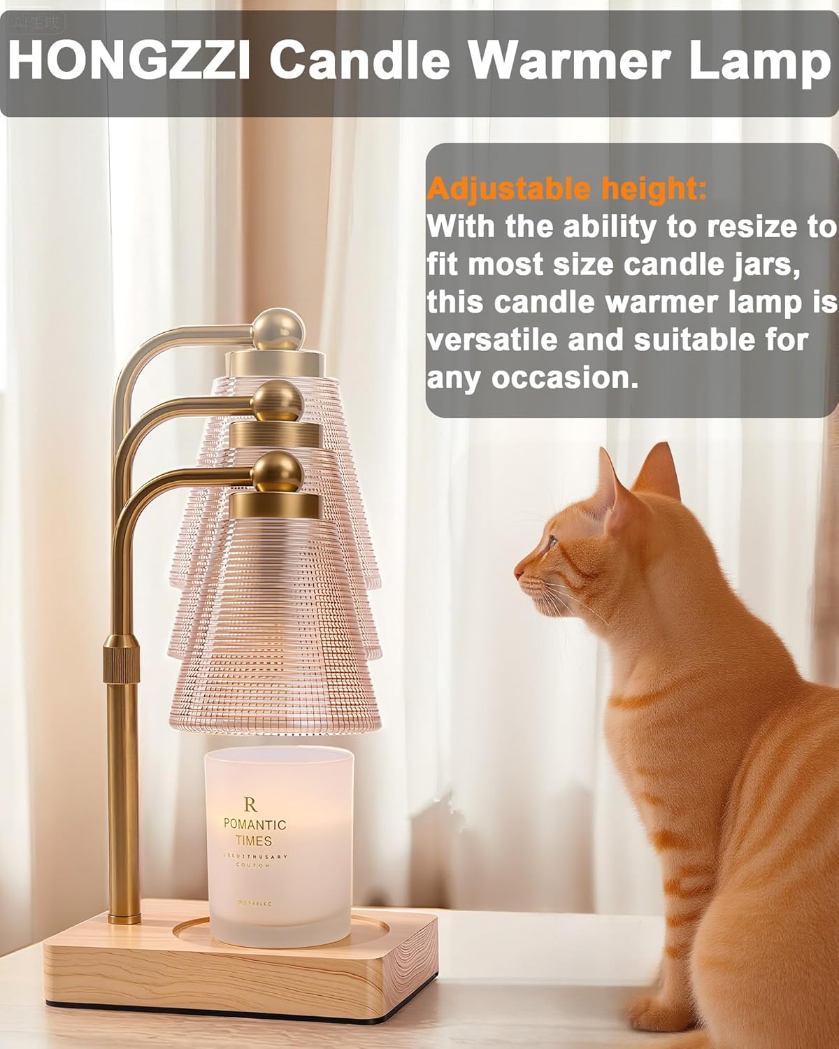 Candle Warmer Lamp - Electric Candle Warmer with Timer, Adjustable Height & Brightness, 2 Replacement Bulbs, 1-Year Warranty - Perfect for Jar Candles, Kitchen, Living Room, Bedroom (Gold)