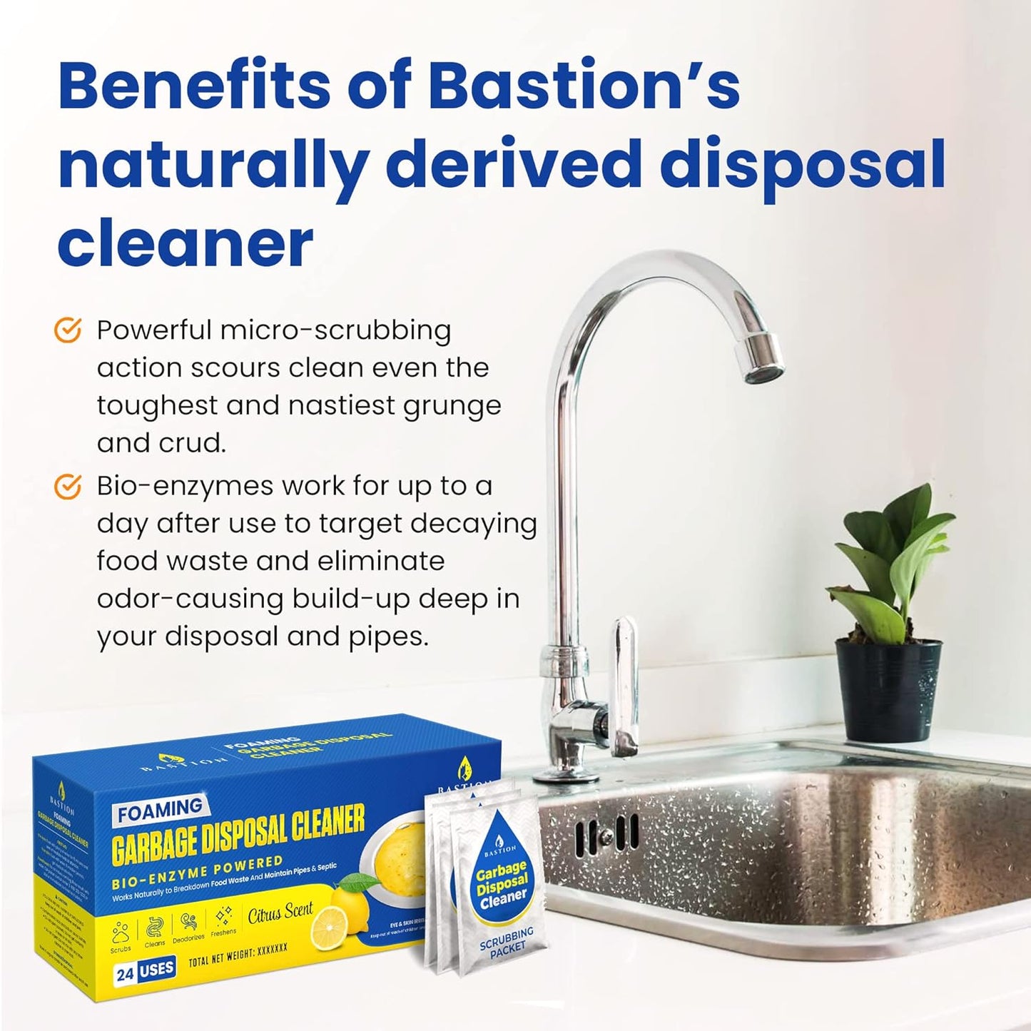 Garbage Disposal Cleaner and Deodorizer - 24-Count (1-Year Supply) Foaming Lemon Scented Kitchen Sink Freshener Pods & Drain Odor Eliminator Disposer Care by Bastion