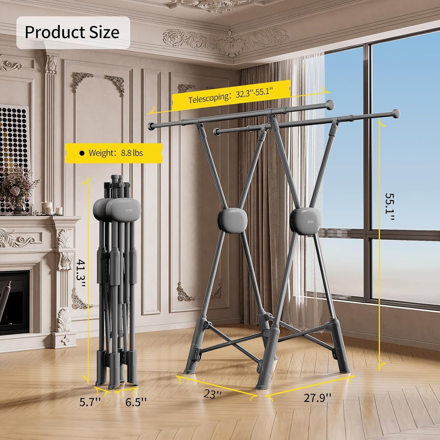 BIREN Clothes Drying Rack Heavy Duty Clothing Racks Extending Laundry Rack Two Drying Modes Garment Racks for Drying Clothes, Adjustable Length from 32-55 Inches for Indoor Outdoor Use