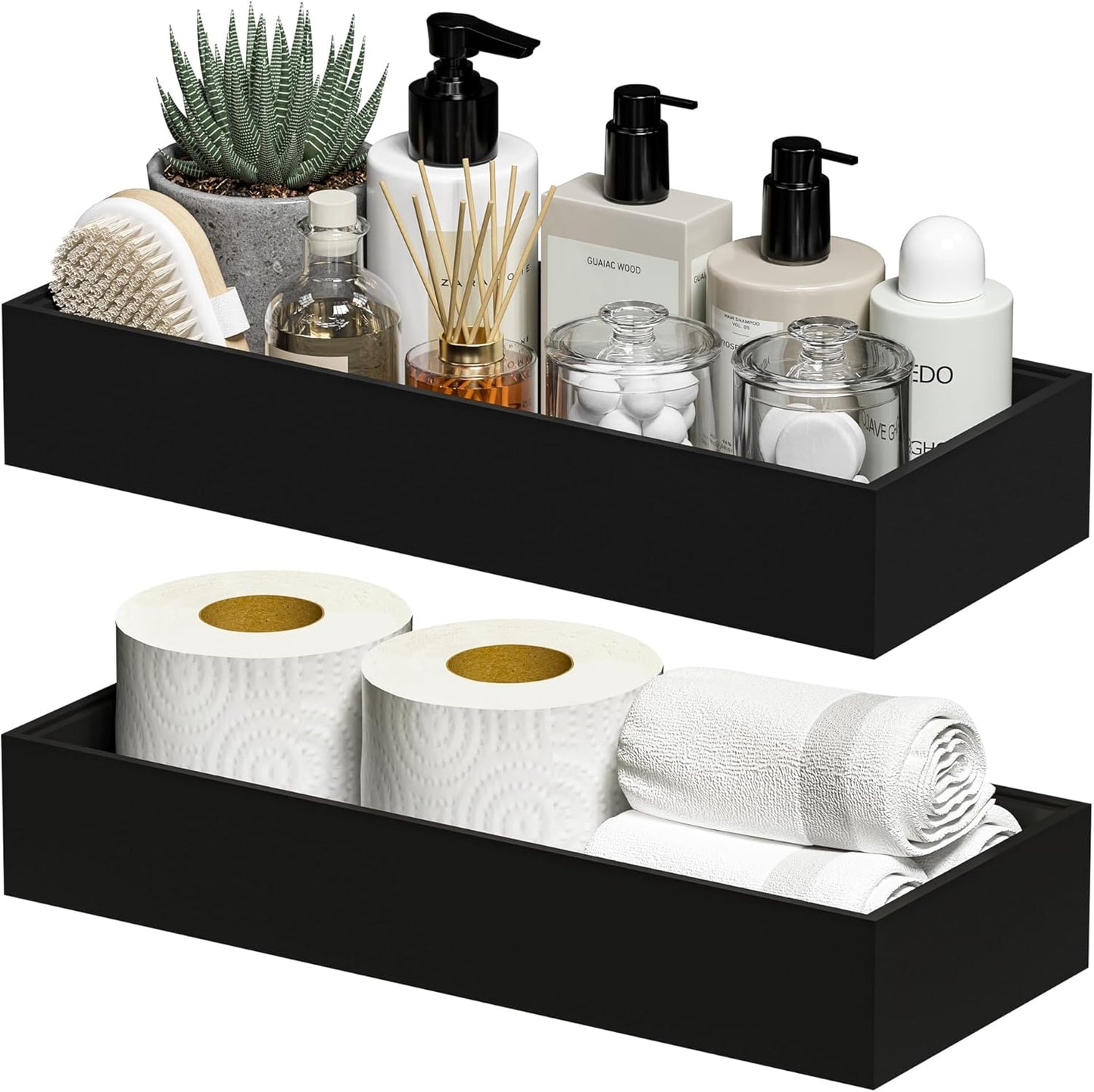 Kitchen Drawer Organizer Bins, Stackable Bamboo Drawer Organizer for Silverware, 2 Pcs Toilet Paper Basket Holder, Wood Bathroom Tray Countertop, Toilet Tank Tray Black 15" x 6" x 2.5"