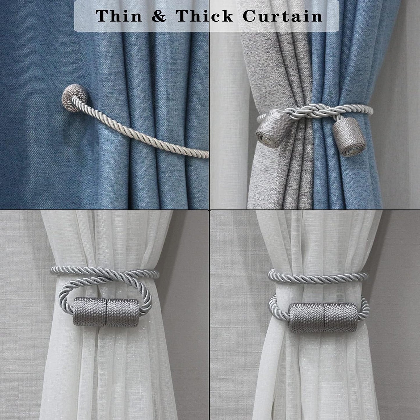 6 Pack Grey Strong Magnetic Curtain Tiebacks Outdoor Elegant Decorative Tie Backs Modern Rope Tiebacks for Drapes Window Curtain Holdbacks for Draperies