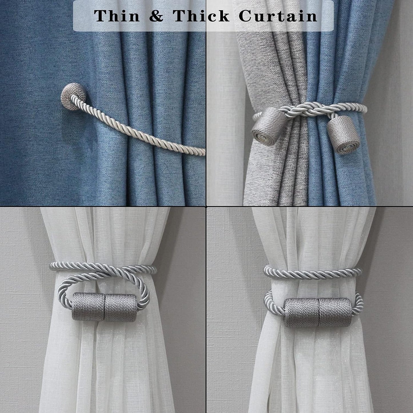 2 Pack Grey Strong Magnetic Curtain Tiebacks Outdoor Elegant Decorative Tie Backs Modern Rope Tiebacks for Drapes Window Curtain Holdbacks for Draperies