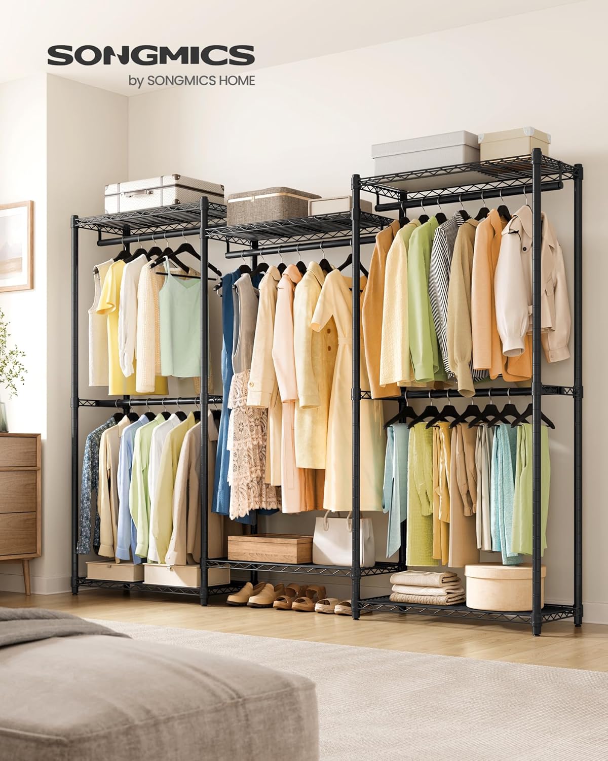 SONGMICS Heavy-Duty Clothes Rack, Garment Rack, Portable Closet, 86.4-Inch Wide Clothing Rack with Adjustable Mesh Shelves and Hanging Rails, Ink Black ULGR434B01