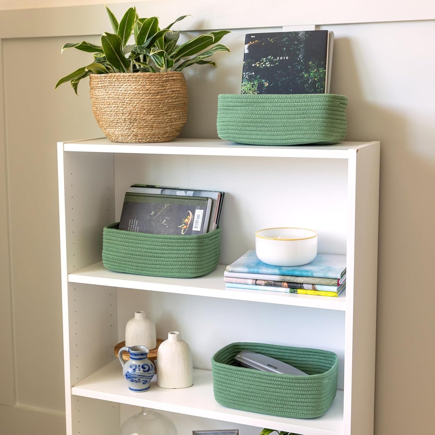 NaturalCozy 11.8"x8"x4.5” Rectangle Storage Baskets for Shelves 3 Pack | Cotton Rope Woven Small Baskets for Organizing | Small Storage Bins for Nursery, Bathroom, Closet, Shelf, Decorative, Gift