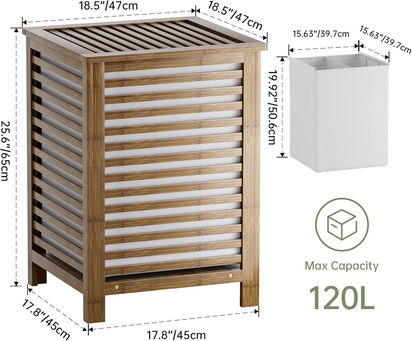 SMIBUY Double Laundry Hamper with Lid, 120L Bamboo Laundry Basket with Removable Liner Bag, 2-Section Clothes Divider Laundry Sorter for Laundry Room, Bathroom, Bedroom (Walnut)