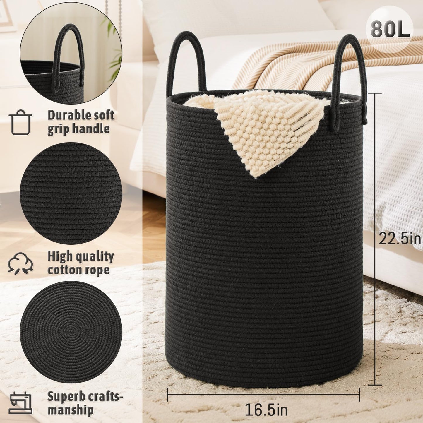 Laundry Basket,Woven Cotton Rope Laundry Hamper,80L for Decorative Storage of Dirty Clothes,Toys and Blankets in Bathroom,Baby Room and Living Room