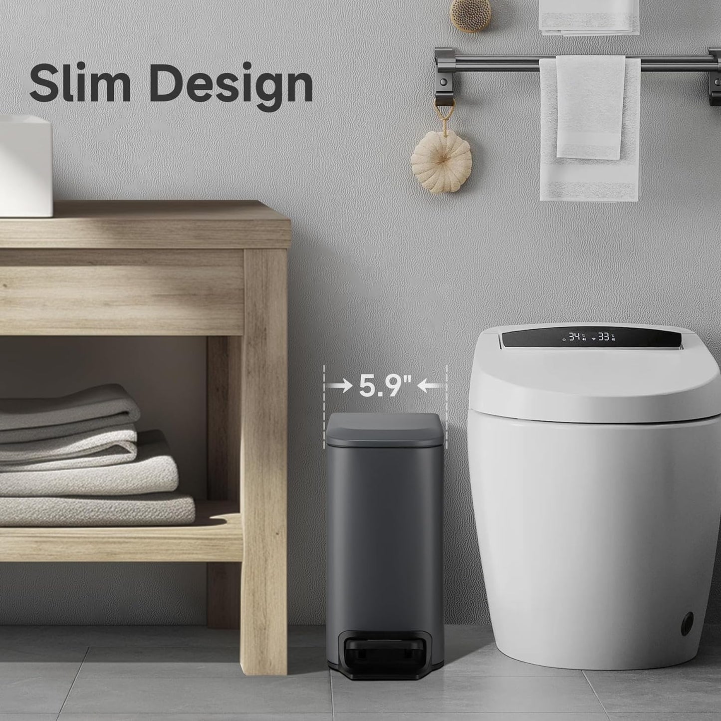 TIPGO Slim Bathroom Trash Can with Lid Soft Close, 6 Liter / 1.6 Gallon Stainless Steel Garbage Can with Removable Inner Bucket, Step Pedal, Small Trash Cans for Bedroom, Office, Kitchen (Grey)