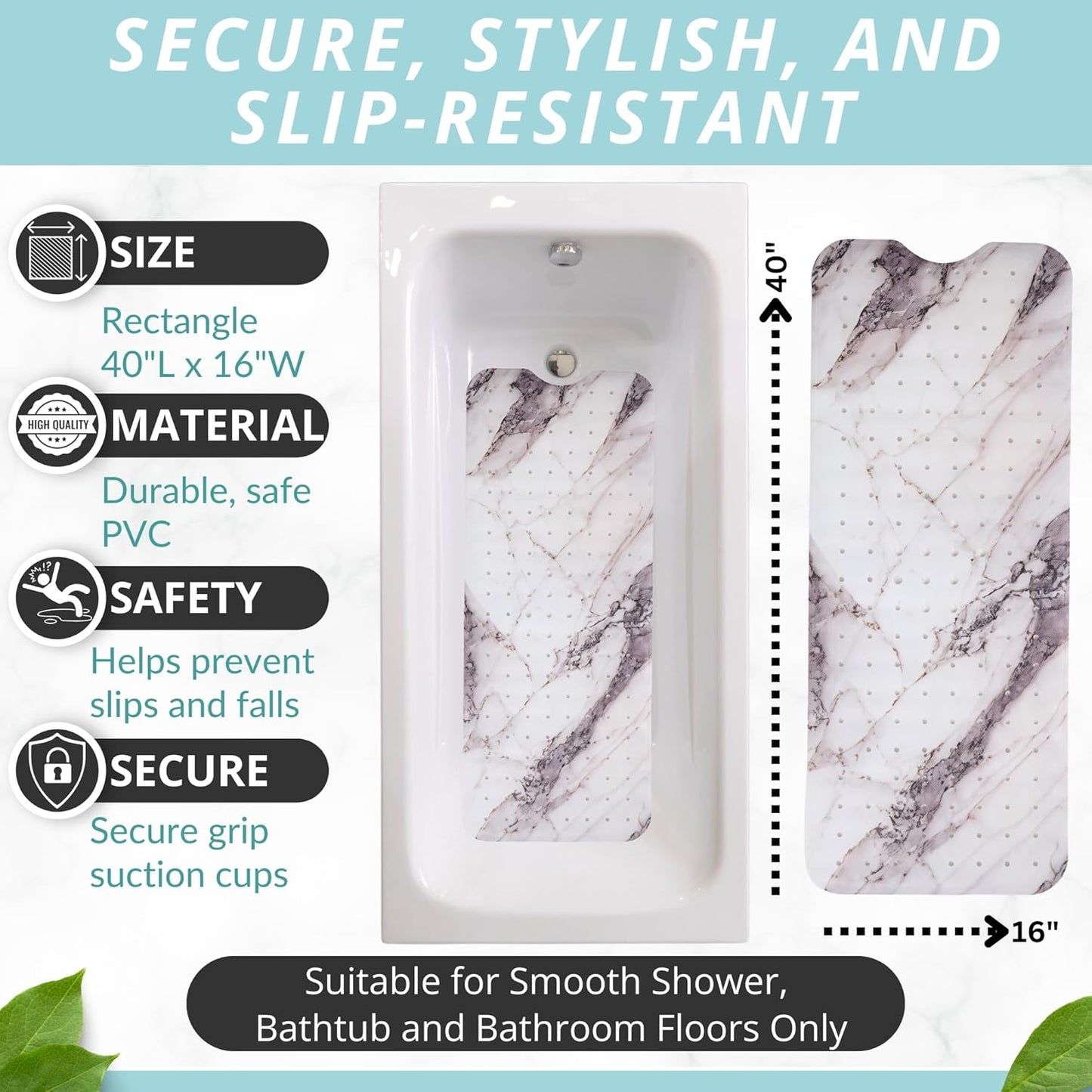 ENKOSI Bath Mat – Large 40 x 16 Inch Non-Slip Bathtub Mat with Suction Cups & Drain Holes – Extra Long Shower Mat for Tub with Marble Print Design (Grey Marble 40x16)