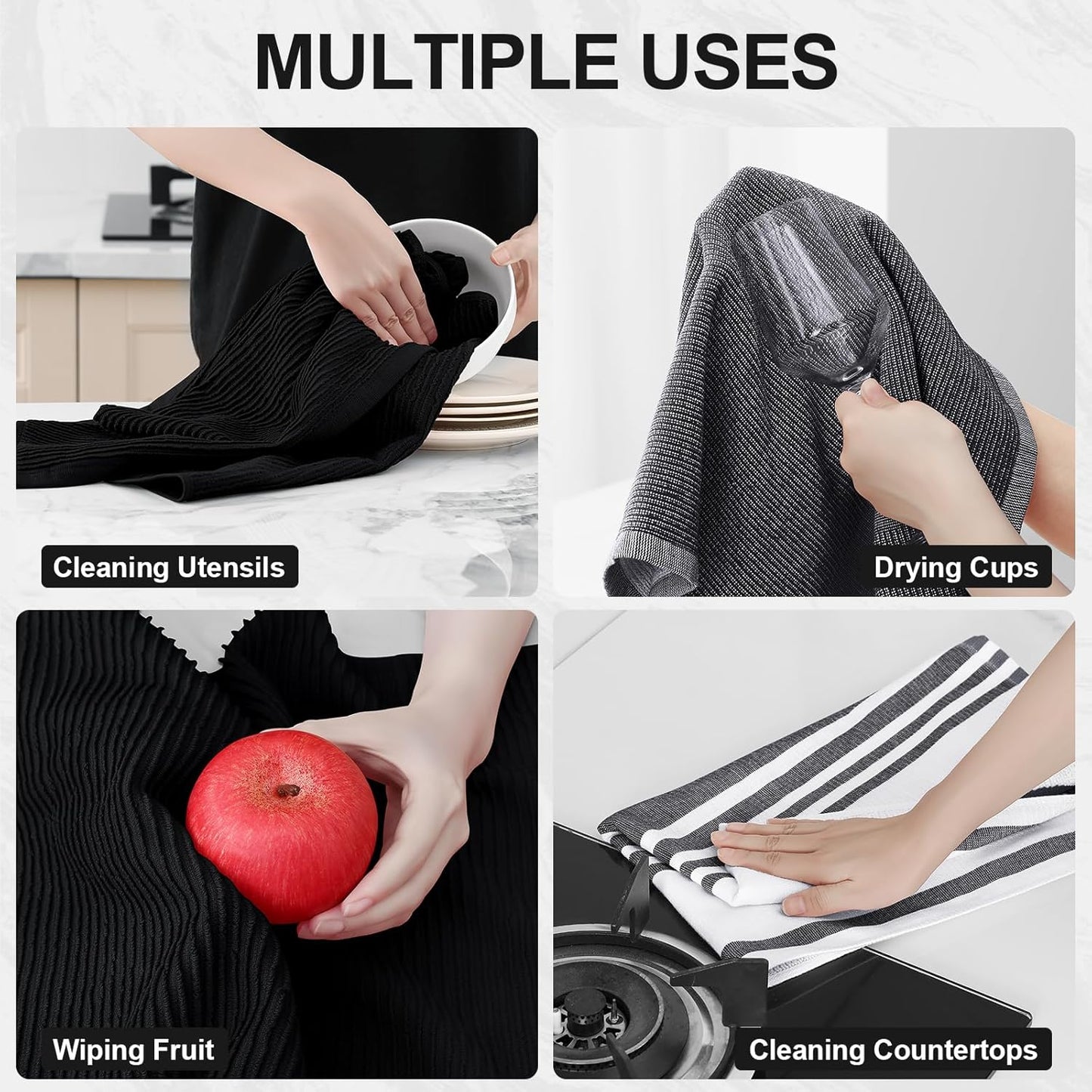 Homaxy Premium Kitchen Towels(18”x 28”, 6 Pack), Large Cotton 380 GSM Kitchen Hand Towels, Soft and Absorbent Terry Dish Towels, Multipurpose Tea Towel Set with Hanging Loop, Black