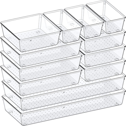 Criusia Drawer Organizer, 12 Pack Clear Plastic Kitchen Drawer Organizers Set,4-Size Versatile Bathroom and Vanity Organizer Trays,Storage Bins for Makeup, Bathroom, Jewelries and Office