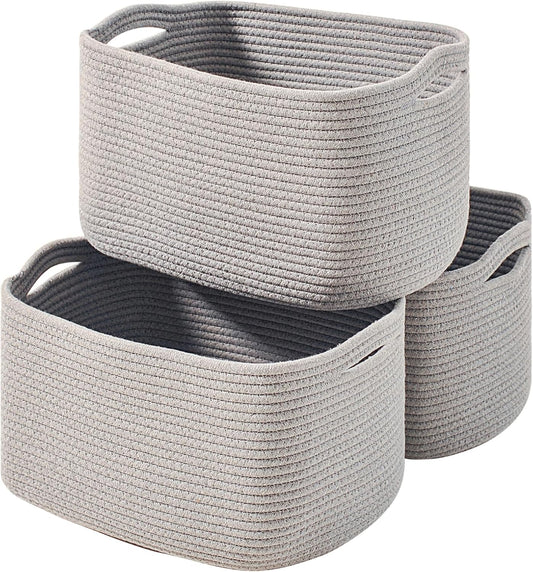 Storage Baskets for Organizing Shelves, Woven Cotton Rope Bins for Baby Nursery Organization, Book Toy Towel Organizer, 15"x11"x9.5", 3 Packs, Grey