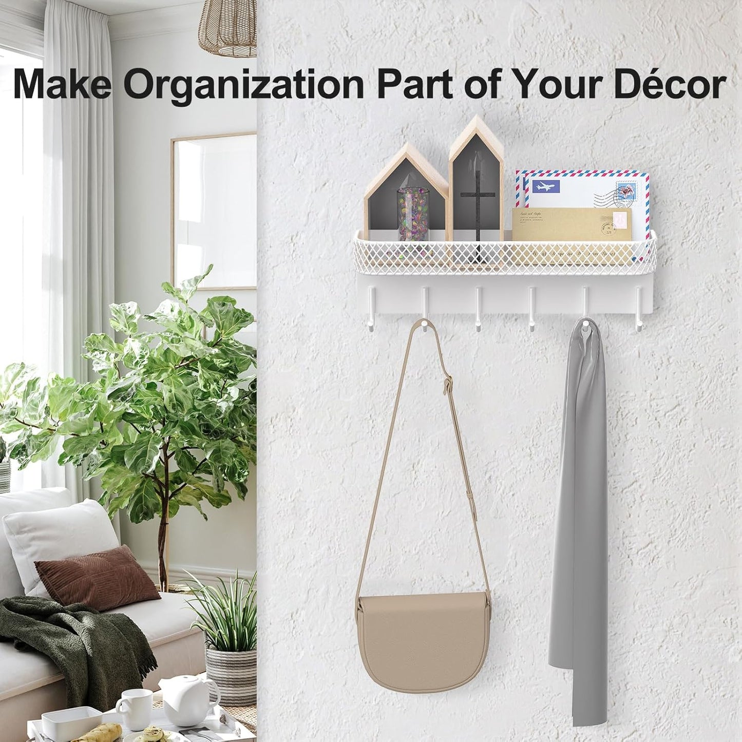 Key Holder for Wall – Decorative Stainless Steel Key Hanger with 6 Hooks for Hats, Bags, Leashes – Mail Holder Key Rack with Mounting Hardware and Guide (9.65” x 2.8” x 2.2”) (White)