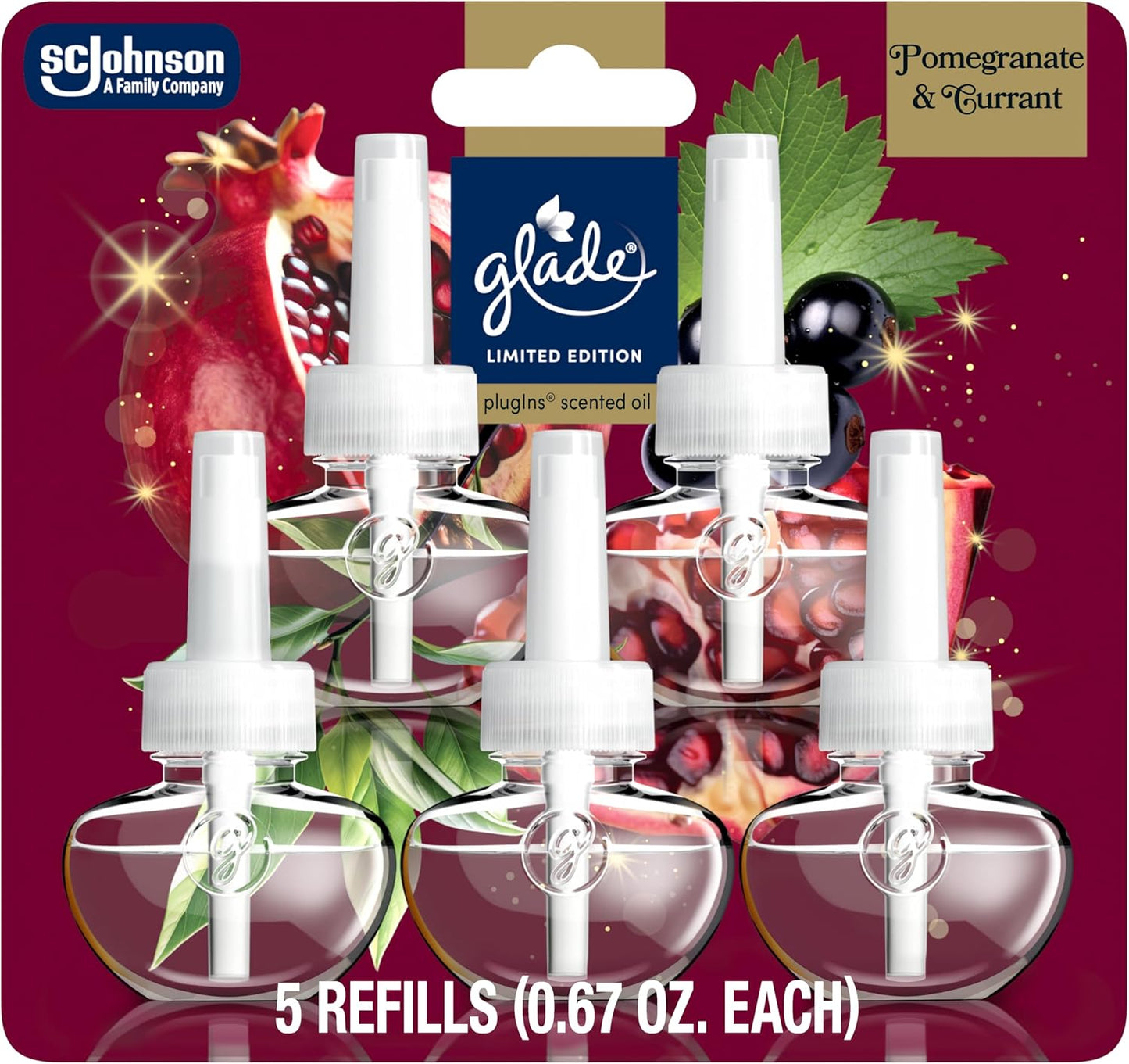Glade PlugIns Refills Air Freshener, Pomegranate & Currant, Scented and Essential Oils for Home and Bathroom, 0.67 Fl Oz, 5 Count