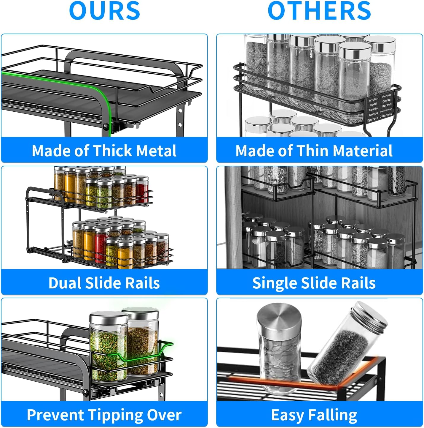 RCHYFEED Spice Rack, 2 Tier Pull out Cabinet Spice Organizer, Height Adjustable Slides out Ultra-smooth Racks for Spice Organization, Seasoning Organizer for Inside Cabinets(7.5" Wx10.5 Dx9.5 H)