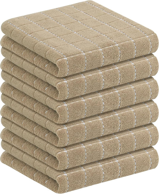 Homaxy 100% Cotton Terry Kitchen Towels(Tan, 13 x 28 inches), Checkered Designed, Soft and Super Absorbent Dish Towels, 6 Pack