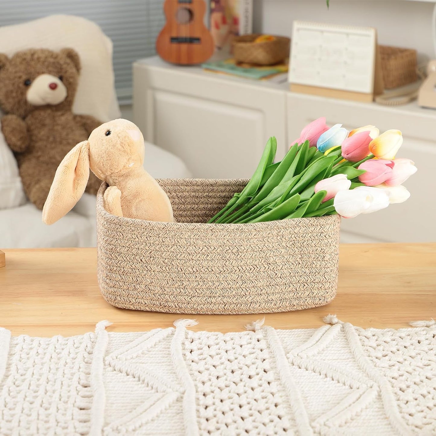 Small Storage Baskets for Organizing | Closet Organizer Bins | Shelf Toy Basket | Woven Rope Baskets | Cube Decorative Box | Shallow Basket | 11.5x7.5x4.7” | 3 Packs Mixed Brown