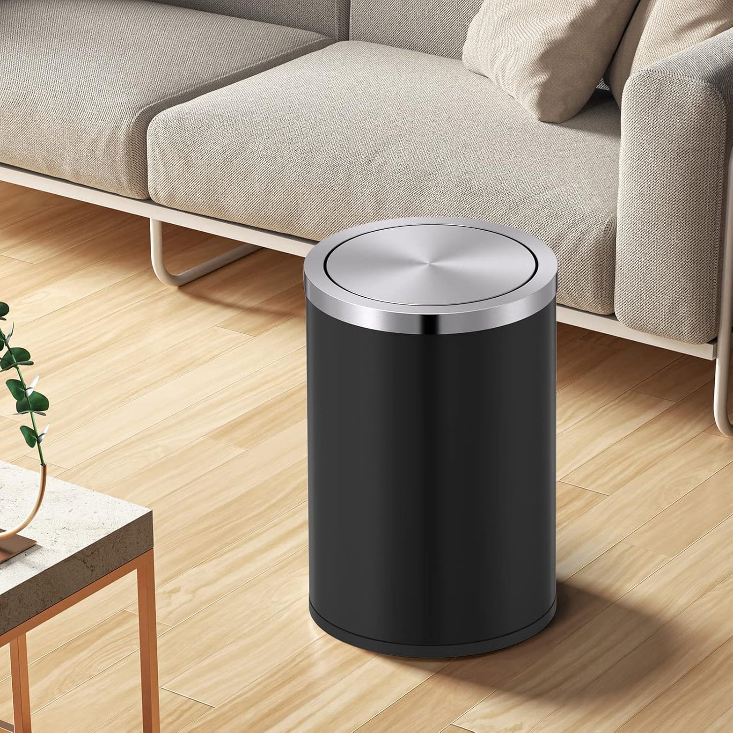 Mbillion Small Trash Can with Swing Lid 4 Gallons/15 Liter, Mini Trash Can with lid, Stainless Steel Cylindrical Garbage Can for Home and Office, for Ground and Desktop(Black)